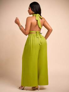 Brilight Summer Women's Olive Green Textured Halter Neck Crop Top Wide Leg Pants Set Vacation Tropical Brunch Elegant - Green - View 2
