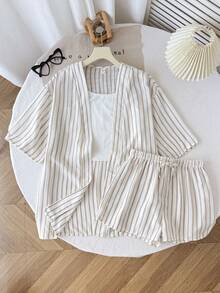 SHEIN 青少年女孩吊帶上衣、條紋中袖和服襯衫與抽繩短褲套裝，休閒夏季度假穿搭，3件式短套裝夏季服飾，度假海灘穿搭 - 卡其色 - 查看 4