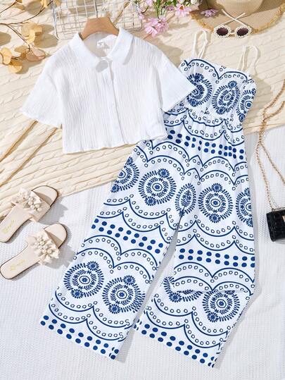 SHEIN Áo sơ mi màu trơn & bộ jumpsuit in toàn thân phong cách thường ngày mùa hè cho bé gái tuổi teen
