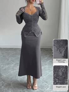 Modelyn Lace Patchwork Button Waist Fitted Plus Size Women Dress - Grey - View 1
