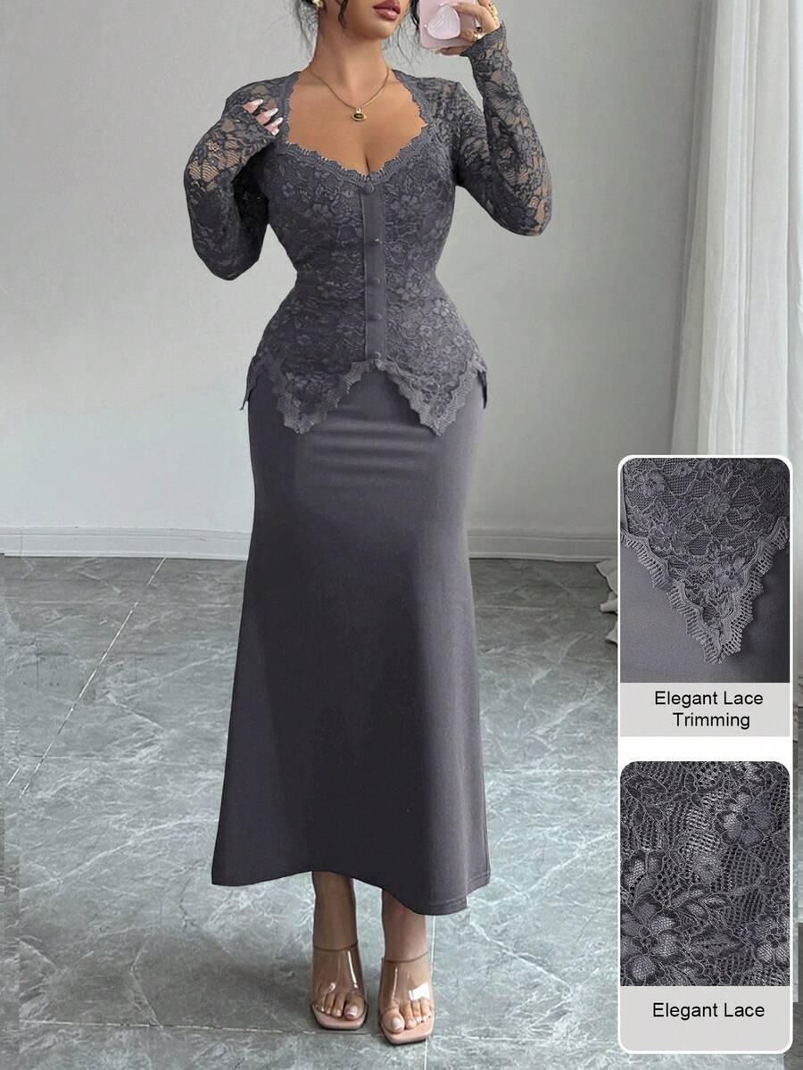 Modelyn Lace Patchwork Button Waist Fitted Plus Size Women Dress - Grey - View 1