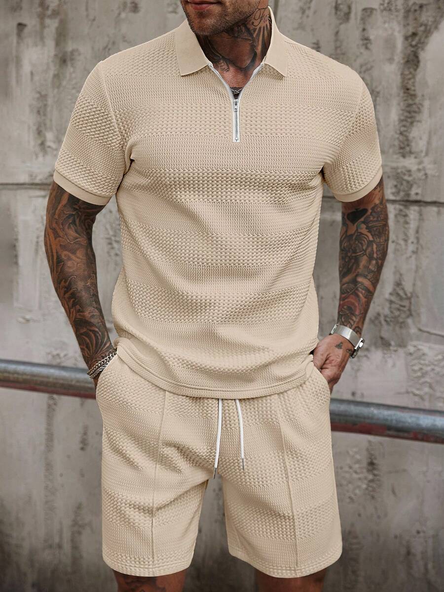Manfinity Homme Men's Knitted Jacquard Solid Color Textured Collar & Cuffs Zip-Up Polo Suit - Apricot - View 1