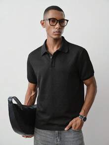 MENRIVO 男士纹理图案短袖 Polo 衫，夏季休闲时尚 - 黑色 - 查看 3