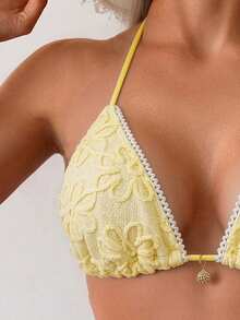 SHEIN Swim 女款夏季度假黃色向日葵布料比基尼套裝，白色蕾絲，金屬貝殼裝飾清新泳裝海灘穿搭 - 黃色 - 查看 5