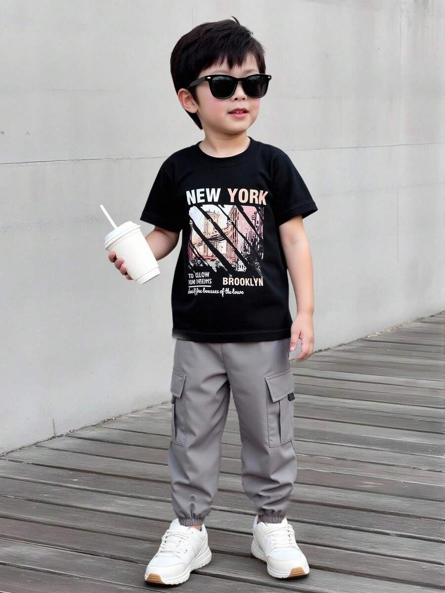 2pcs Boys' Spring/Summer Outfit Set - Printed Black Short Sleeve T-Shirt Paired With Cargo Pants, Casual Versatile Suit - Multicolor - View 1