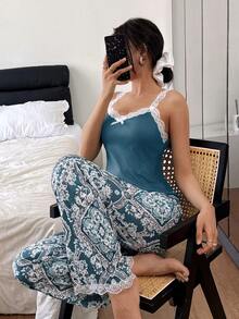 SHEIN 花卉印花蕾丝边吊带背心和裤子女士睡衣套装 - 藍色 - 查看 6