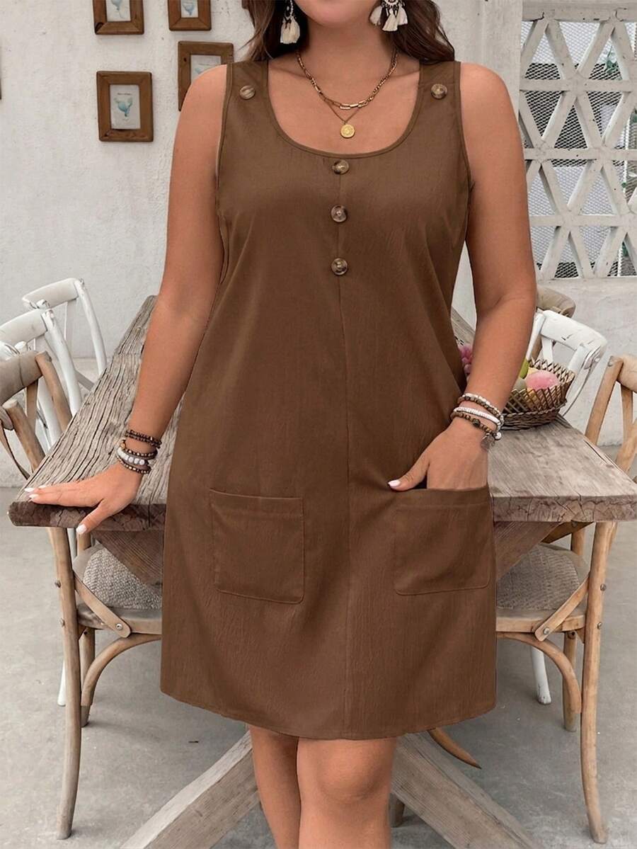 Breezaya Solid Color Pocket Button Decor Round Neck Casual 1950s Vintage Sleeveless Dress Date Night Vacation Chocolate Brown Summer - Coffee Brown - View 1