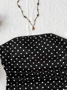 SHEIN Tween Girl Cute Black And White Polka Dot Knit Crop Top And Shorts Set,Summer Vacation Holiday Beach Outfit,Casual Comfortable Valentine's Day Fashion - Black - View 4