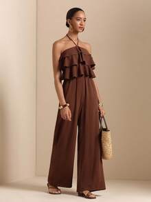 Vesra Bộ jumpsuit dài nữ cổ yếm nhiều lớp xếp nếp ở eo - Cà phê nâu - Xem 5