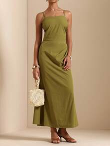 Elafinee Women's Solid Color Pleated Design Elegant Maxi Slip Dress Vacation Olive Green Summer - Olive Green - View 5