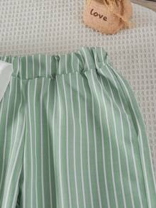 SHEIN 男童休闲纯色条纹短袖衬衫和条纹裤套装（2件套），适合日常、度假、运动、夏季穿着。 - 薄荷綠 - 查看 5