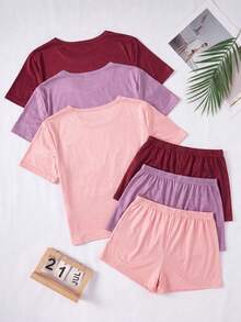 SHEIN Letter Print Casual Short Sleeve Top And Shorts Set, 3 Color Combination - Multicolor - View 2