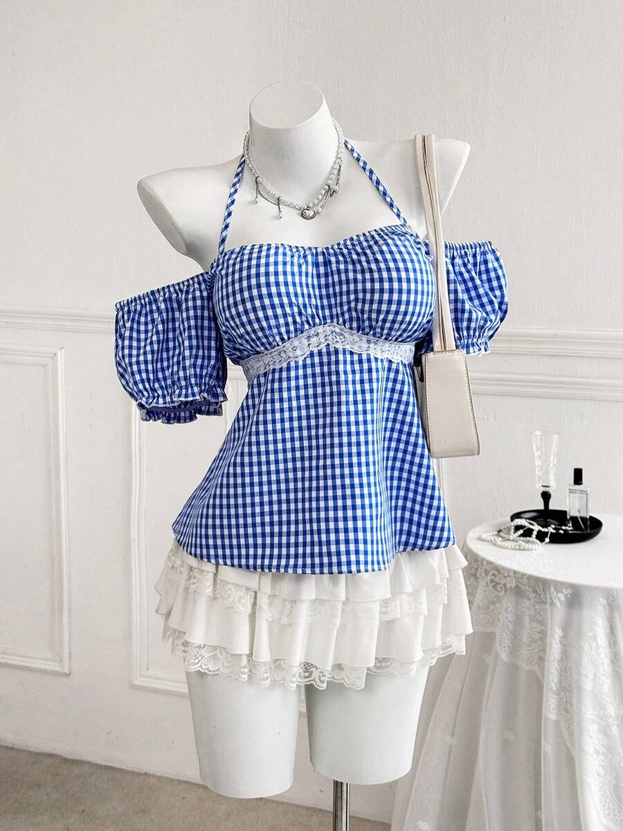 Sweetra Plus Size Summer Casual Plaid Cold Shoulder Halter Shirt - Blue - View 1