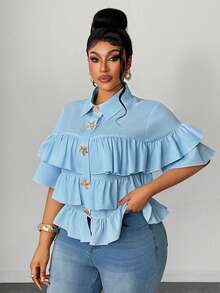 Maweii Blusa romántica de talla grande con diseño de volantes multicapa estilo francés - Azul - Ver 2