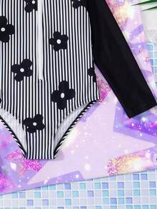 SHEIN 少女條紋花卉印花前拉鍊長袖連身泳衣 - 彩色 - 查看 4