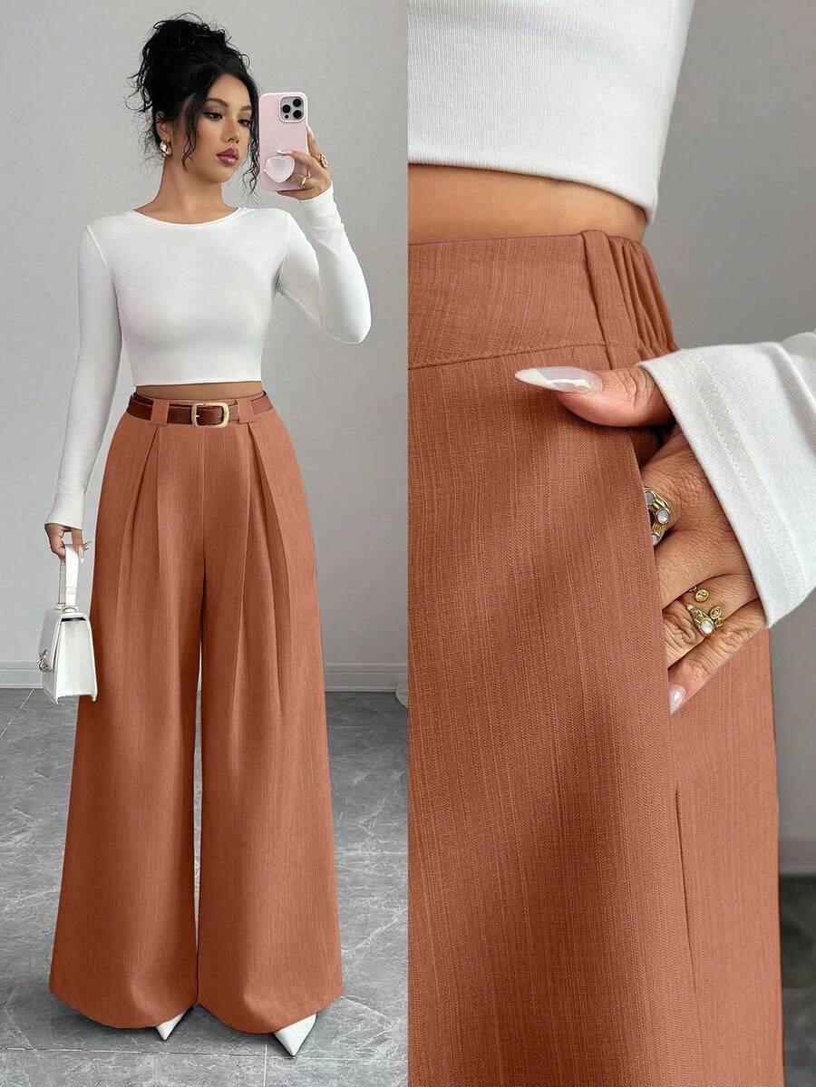 SHEIN Elenzya 女士纯色褶裥休闲百搭日常裤 - 棕色 - 查看 1