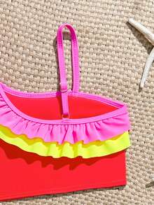 Young Girls Bikini Sets, 4 Colors Available, Cute Double-Layer Ruffled Shoulder Strap, Adjustable Strap, Ruffled Triangle Bottoms, 2-Piece Swimwear Set, Fashionable Casual Elegant, Suitable For Swimming, Summer Vacation, Beach, Pool, Holiday Party - Multicolor - View 5