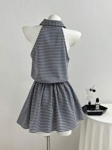 Elamini Spring Summer Autumn Woven Plaid Sweet Fashion Elegant Shirt Collar Front Button Sleeveless Off-Shoulder Cinched Waist A-Line Short Dress For Women - Multicolor - View 2