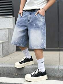 GALLERY FADE Men's Casual Denim Shorts With Pockets & Rhinestone Decor - Blue - View 6
