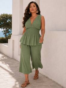 ELLERISSA Plus Size Green Shirred Waist V-Neck Top & Wide Leg Trousers Co-Ord Set - Green - View 3