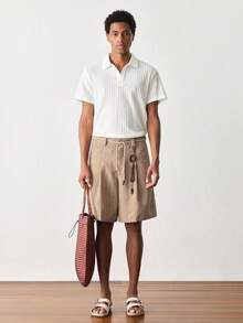 SWAVVY Quần short nam thường ngày đi làm kẻ sọc có túi - Màu Khaki - Xem 6
