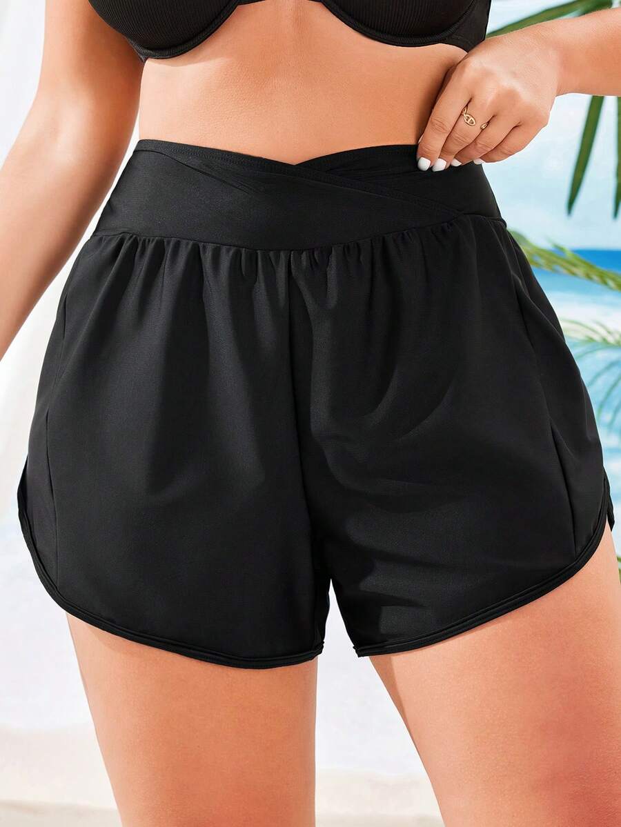 Swim Vcay Plus Size Solid Asymmetrical Waist Shorts Bikini Bottom Summer - Black - View 1