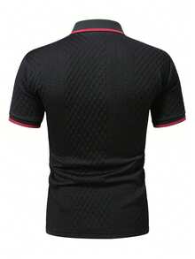 EGENSIO Camisa polo de hombre con cuello y puños acanalados, de unicolor, textura de jacquard, éxito de en negro y rojo - Negro - Ver 4