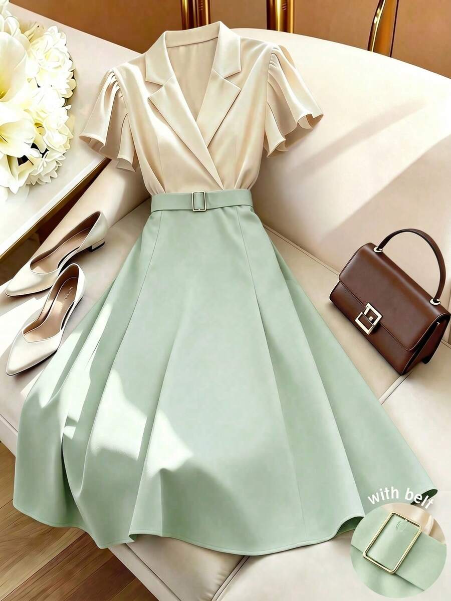 GlowEve 女士撞色金属扣装饰荷叶袖两用收腰A字优雅日常度假通勤时尚约会法式街头复古百搭春夏短袖杏色刺绣棕色撞色中长连衣裙 - 彩色 - 查看 1