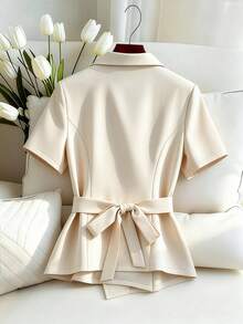 GlowEve CURVE Summer Fashionable Casual French Retro Elegant Commuter Lace-Up Waist Metal Decor Apricot Blazer - Apricot - View 2