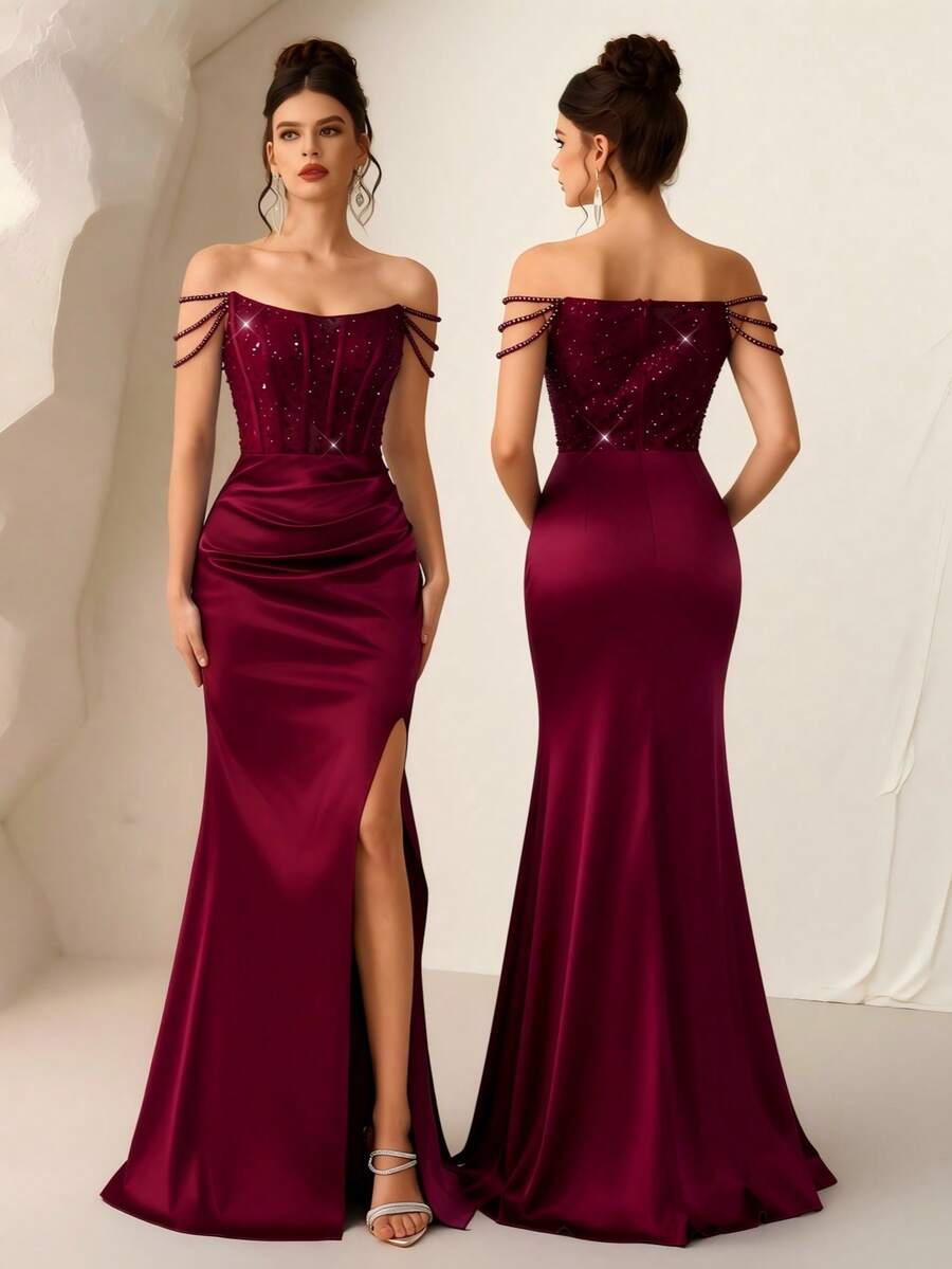 Coutiva Formal Evening Gown (Heavily Embellished), Elegant - Burgundy - View 1