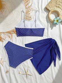 SHEIN Bộ bikini 3 món cho bé gái tuổi teen, màu xanh navy viền trắng, áo tankini có đệm mút, quần tam giác và áo khoác lưới, thời trang, thoải mái, thanh lịch, thích hợp cho bơi lội, bãi biển, hồ bơi, lướt sóng, kỳ nghỉ hè. - Màu xanh hải quân - Xem 2