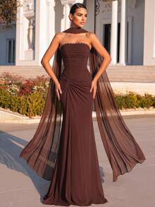 Glamrae Elegant Brown High-Elastic Mesh Strapless Dress With Asymmetric Pleats At The Waist And A Fishtail Train; No Or Flowing Panels; Evening Gow - Rust Brown - View 7