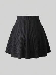 SHEIN 少女黑色纹理半身裙，夏季高腰A字迷你裙，带防走光内衬，休闲百搭少女下装 - 黑色 - 查看 2