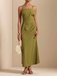 Elafinee Women's Solid Color Pleated Design Elegant Maxi Slip Dress Vacation Olive Green Summer - Olive Green - View 1