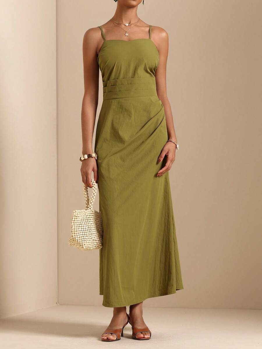 Elafinee Women's Solid Color Pleated Design Elegant Maxi Slip Dress Vacation Olive Green Summer - Olive Green - View 1
