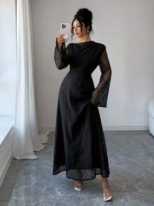 Modelyn Spring/Autumn Patchwork Sheer Bell Sleeve Waist Cinched Arabic Style Dress - Black - View 1
