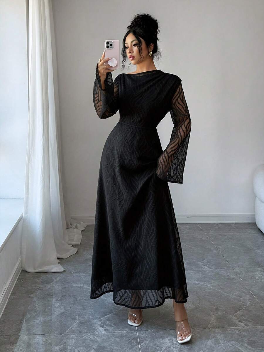 Modelyn Spring/Autumn Patchwork Sheer Bell Sleeve Waist Cinched Arabic Style Dress - Black - View 1
