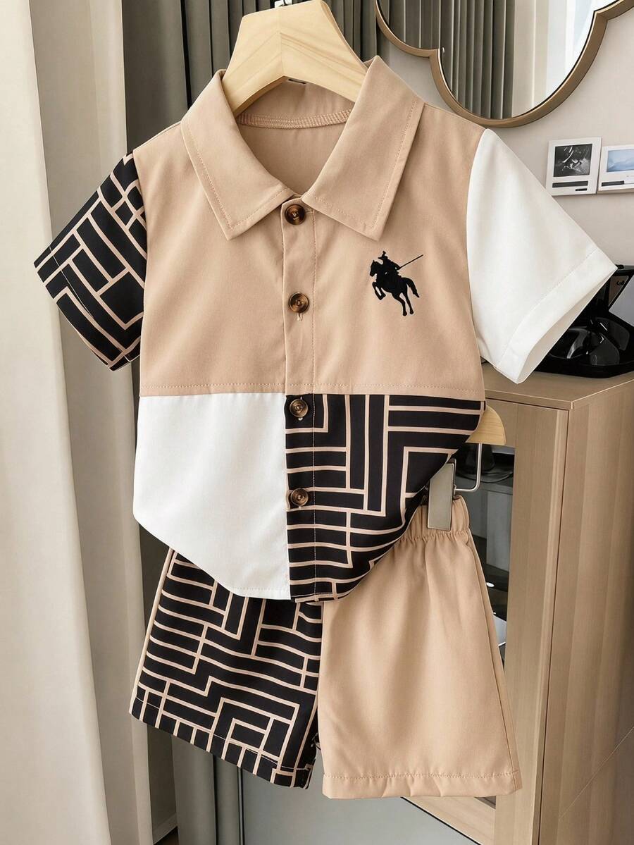 SHEIN Playful Pals 2件組男嬰套裝兒童黑白條紋與幾何印花拼接短袖上衣 & 鬆緊腰短褲 夏季休閒家庭套裝 - 彩色 - 查看 1