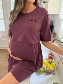 Moonlight&Mama 2件套休闲纯色字母印花“MAMA”哺乳短袖上衣和短裤孕妇睡衣套装，妈妈必备 - 中紫紅色 - 查看 3