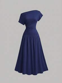 Sweetra Women's Elegant Solid Color Asymmetrical Shoulder Long Dress - Blue - View 1