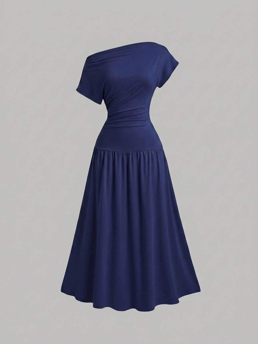 Sweetra Women's Elegant Solid Color Asymmetrical Shoulder Long Dress - Blue - View 1