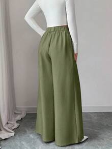 SHEIN Elenzya 秋冬亞麻感高腰寬腿褲，休閒素色，優雅風格適合日常穿著與工作，畢業季、復古音樂節、德比賽、日 - 橄欖綠 - 查看 2