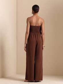 Vesra Bộ jumpsuit dài nữ cổ yếm nhiều lớp xếp nếp ở eo - Cà phê nâu - Xem 2