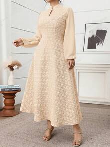 Modelyn Plus Size Elegant Jacquard Keyhole Neck Lantern Sleeve Dress - Apricot - View 6