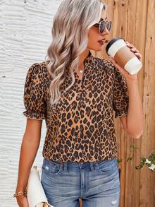 Breezaya City Casual Vacation Striped V-Neck Puff Sleeve Short Sleeve Shirt - Coffee Brown - View 4