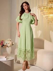 Modelyn Sweet & Youthful Yellow Elegant Ruffle Off-Shoulder Embroidered Patchwork Mid-Length Dress For Women - Green - View 5