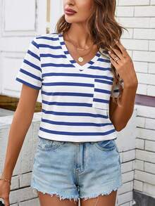 SHEIN LUNE Blue And White Striped Print, Comfortable And Casual V-Neck, Pocket, Versatile Women's T-Shirt. - Multicolor - View 4