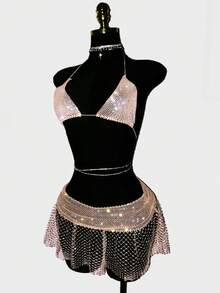 EgrlEra Women's Sexy Super Short Skirt, Fishnet Inlaid With Rhinestones, Shiny And Suitable For Party Occasions - Dusty Pink - View 5