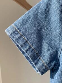 SHEIN Playful Pals 2pcs Toddler Casual Washed Denim Shirt Set, Including Short Sleeve Collared Shirt And Cuffed Pants, Lightweight Denim Outfit Suitable For Baby Boy Daily Wear In Summer - Blue - View 4