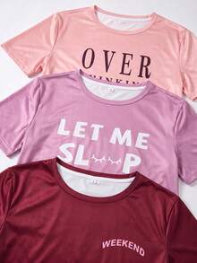 SHEIN Letter Print Casual Short Sleeve Top And Shorts Set, 3 Color Combination - Multicolor - View 3